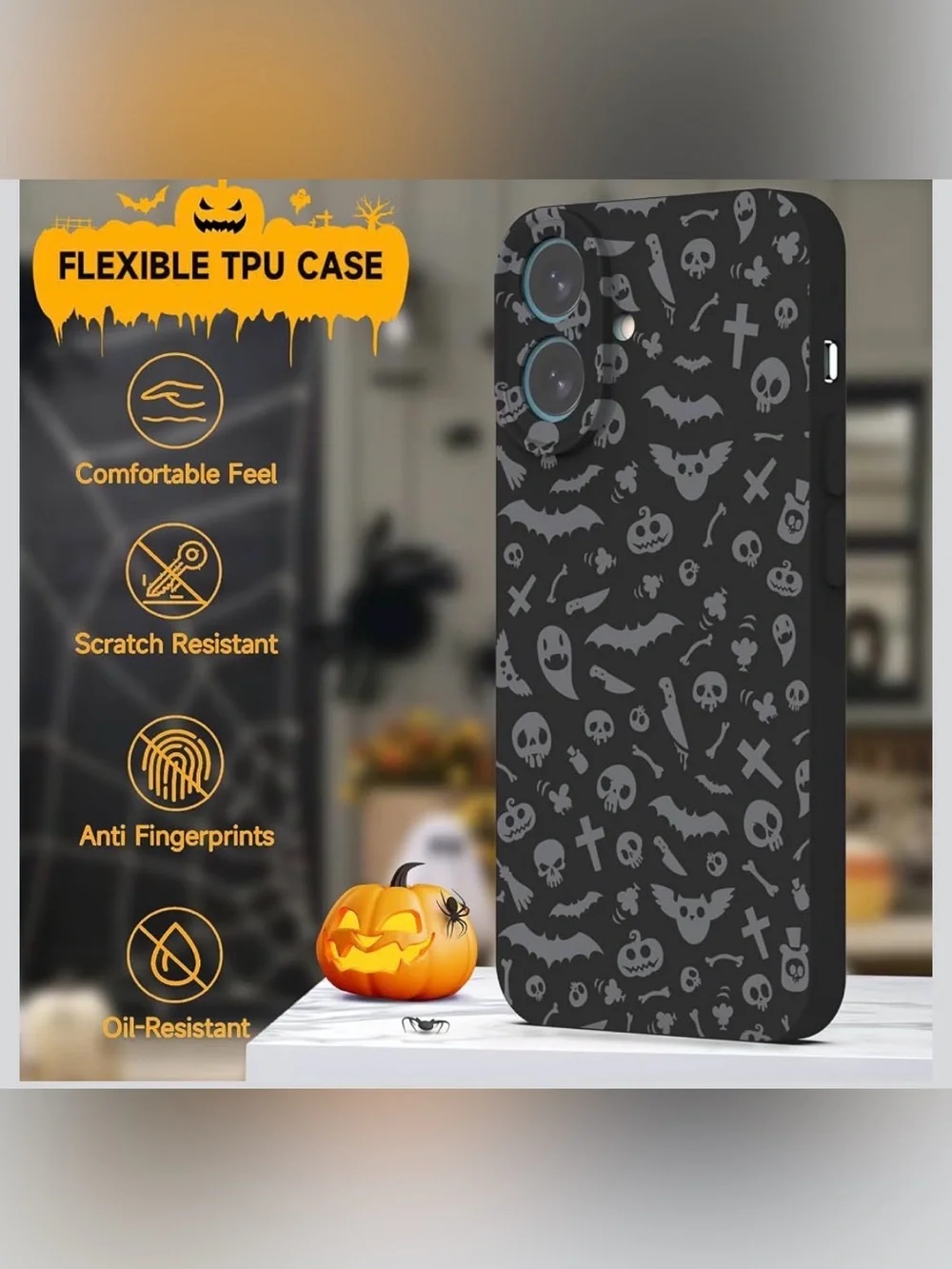 Halloween Pattern Flexible iPhone 16 plus Case - Black